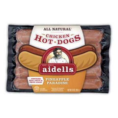 AIDELLS ALL NATURAL PINEAPPLE PARADISE HOT DOGS UNCURED CHICKEN