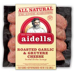 AIDELLS ALL NATURAL ROASTED GARLIC & GRUYERE CHEESE SMOKED  CHICKEN SAUSAGE